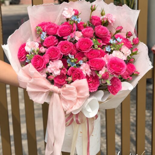 Bó hồng đậm nơ hồng – H713